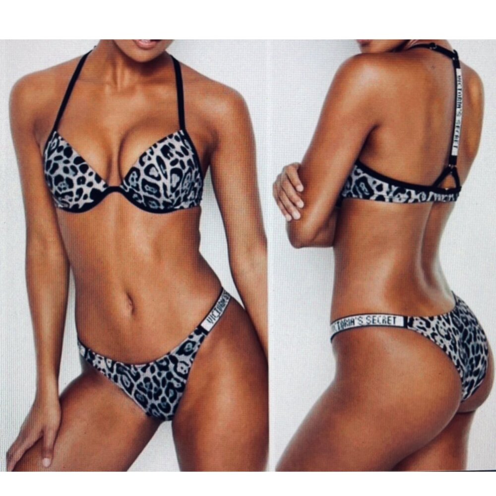 Victoria's Secret shine strap cheetah 34DD BIKINI racerback top & Med bottom